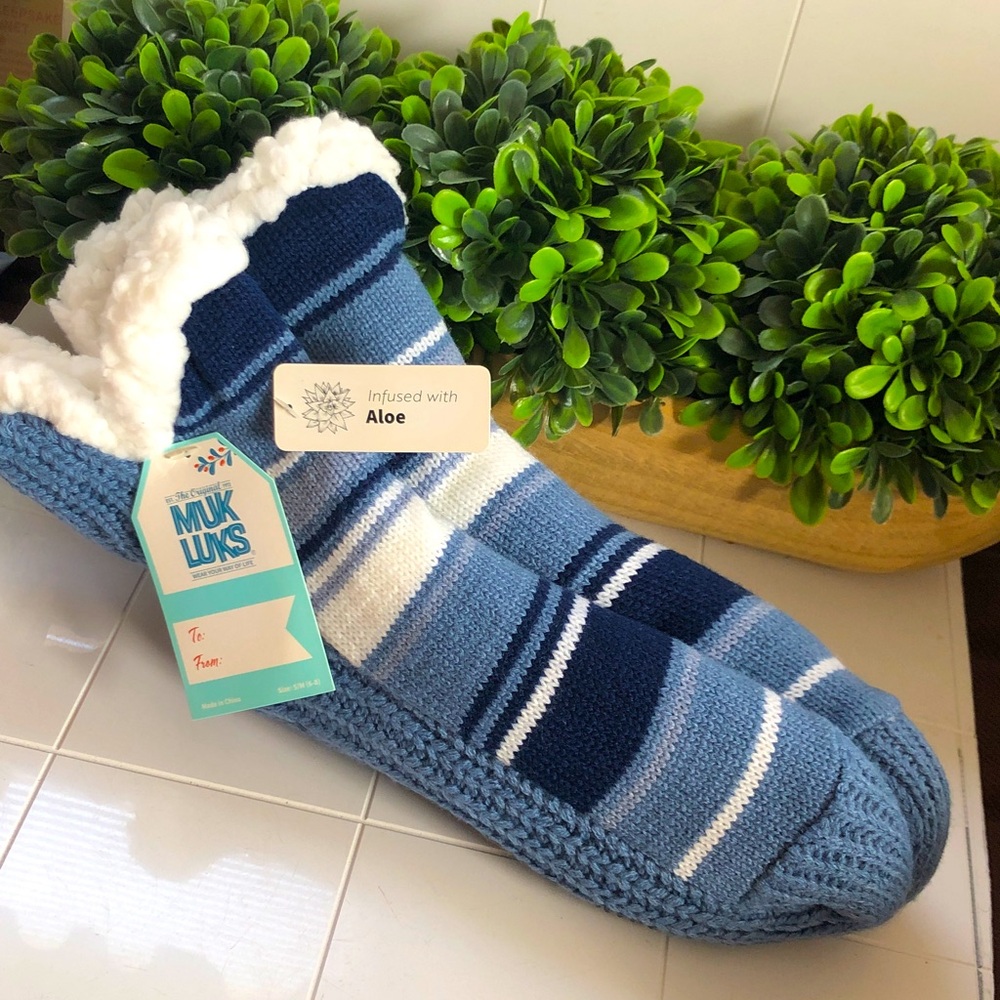 Muk Luks Blue and White Striped Slipper Socks